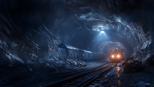 Freight locomotive in illuminated underground rail tunnel.