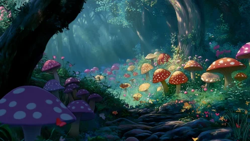 Enchanted forest clearing glows with colorful spotted mushrooms