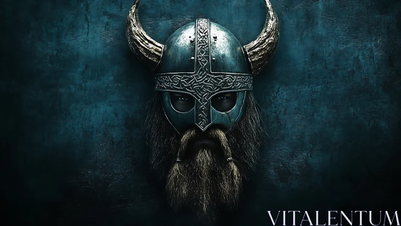 Orthogonally lit Viking helm portrait with engraved horned visor.