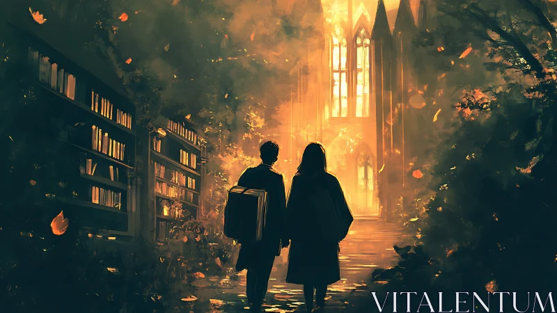 Students walk toward a glowing fantasy library cathedral at dusk