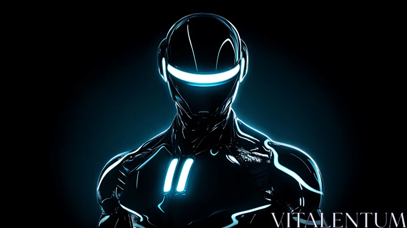 Neon-lit humanoid robot stands in dark reflective armor.