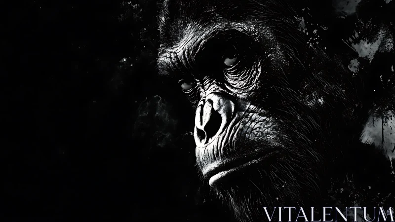 Gorilla portrait emerges from inky black abstract shadows.