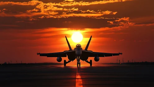 Military jet silhouette on runway against sunset sky.