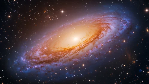Spiral galaxy glows with radiant core amid star-filled space.