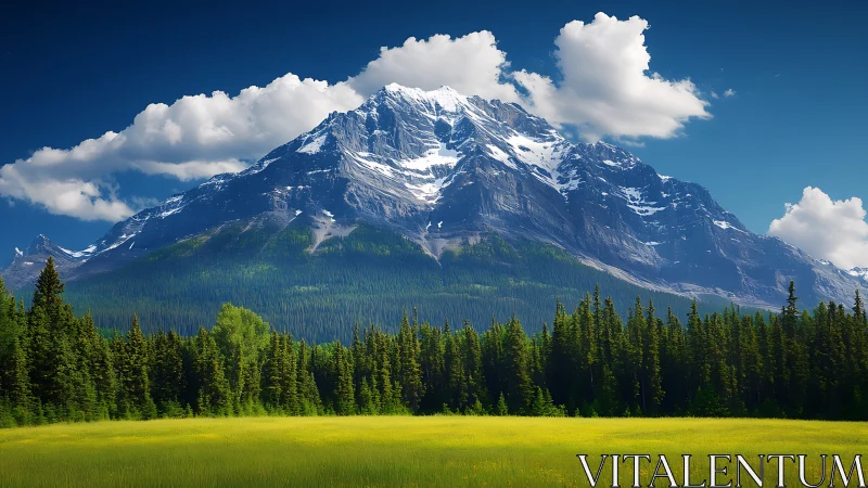 Peaceful mountain meadow under bright summer skies.