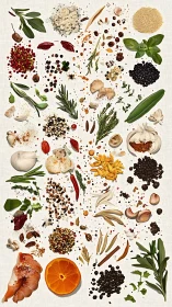 Culinary herbs, spices, citrus and garlic arranged on linen