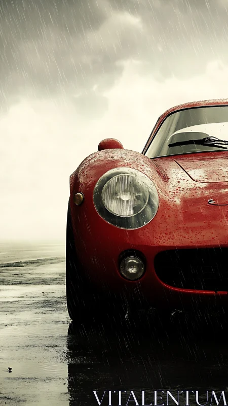 Red vintage sports car in rain on reflective wet asphalt.