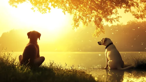 Two dogs by lakeside tree in warm backlit sunset scene.