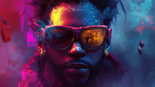 Cyberpunk portrait shows neon-lit man with reflective visor
