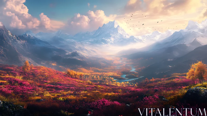 Blazing valley blooms beneath mist-kissed crystal peaks.