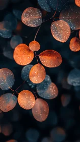 Copper leaves with raindrops under moody teal bokeh glow