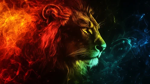 Fiery neon lion profile merges with swirling cosmic smoke