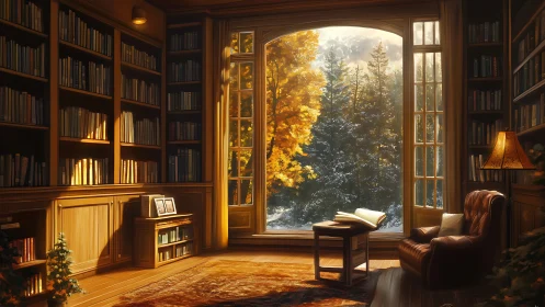 Library interior with forest view through large window.
