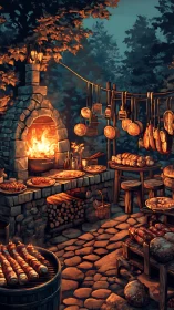 Rustic forest bakery terrace glows around stone woodfire oven