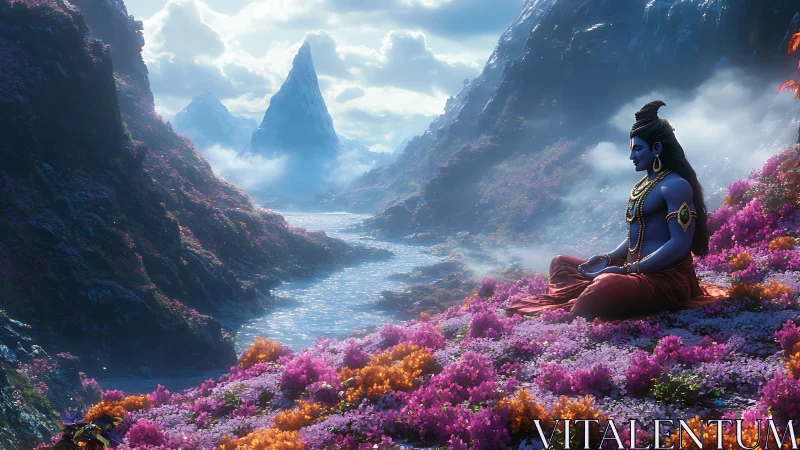 Meditative blue deity amid iridescent alpine river valley.