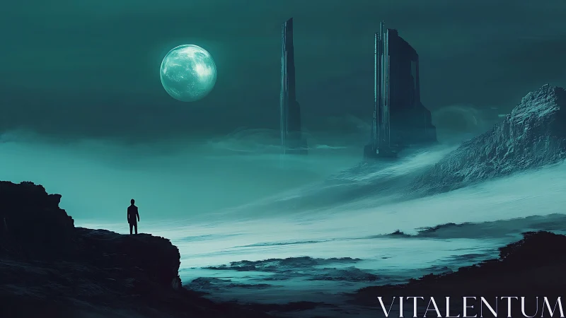 Lone wanderer beneath jade moon and cryptic towers.
