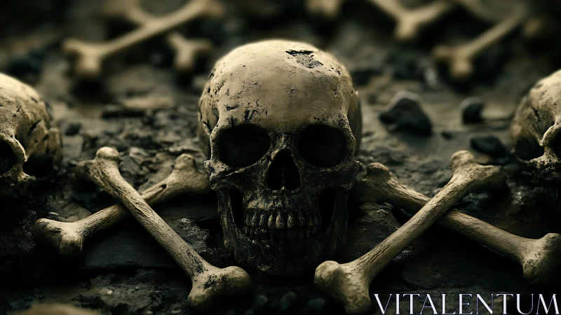 Cranial ossuary array with crossbones under low diffuse lighting.