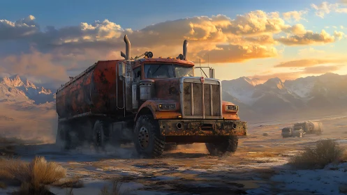 Rust-stained tanker truck crossing snowy desert plain.