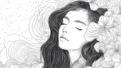 Line art portrait of serene woman with flowing floral hair.