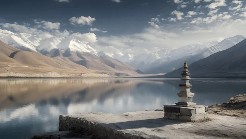 Snow peaks and stone shrine over still reflective lake.