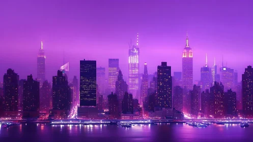 Neon purple skyline glows above a misty urban waterfront.