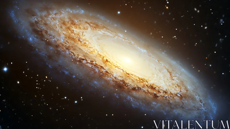 Golden spiral galaxy drifting through a star-filled night sky.