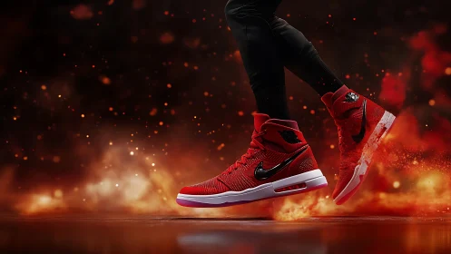 Blazing red sneakers leap forward in a firelit sports arena