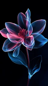 Neon wireframe flower with translucent petals on black.
