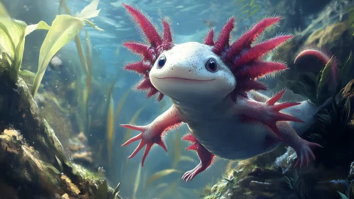 Smiling axolotl glides through lush underwater forest.