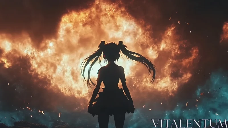 Silhouette of anime girl stands before massive fire blast