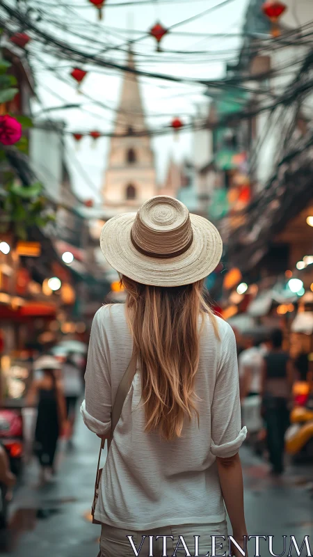 Traveler in straw hat walks through vibrant Asian street