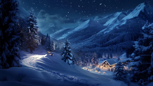 Snowbound alpine village under starlit winter sky at night.