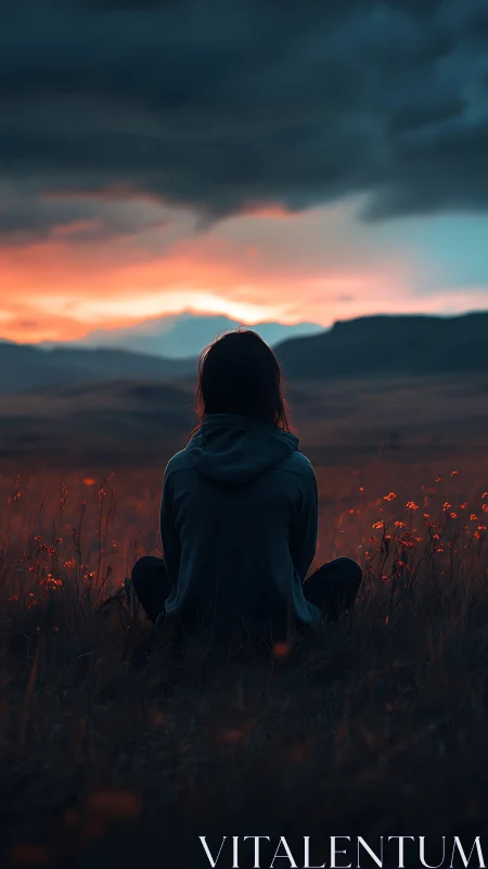 Solitary figure sits in field observing distant sunset sky