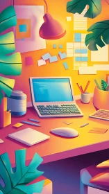 Vibrant home office workspace in warm gradient digital painting.