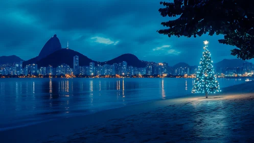 Coastal Christmas tree glowing over blue-toned city bay.