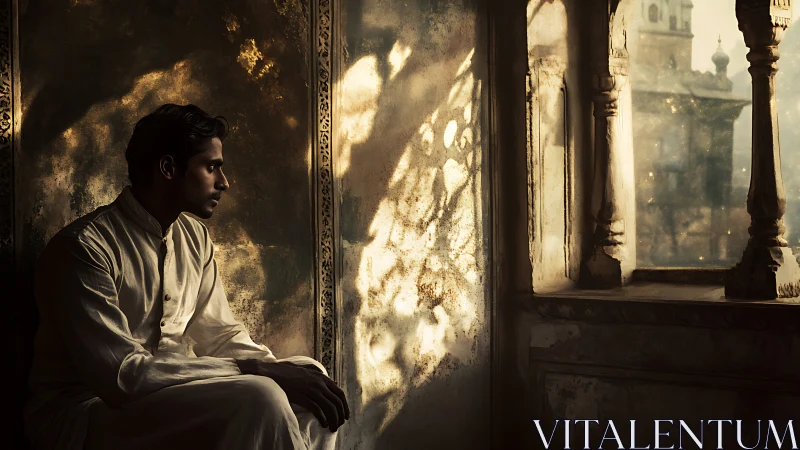 Side-lit man in traditional attire studies dappled window shadows