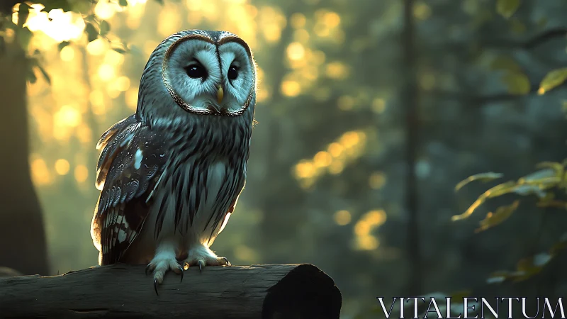 Serene Barred Owl on Log in Sunlit Forest, Photorealistic Style.