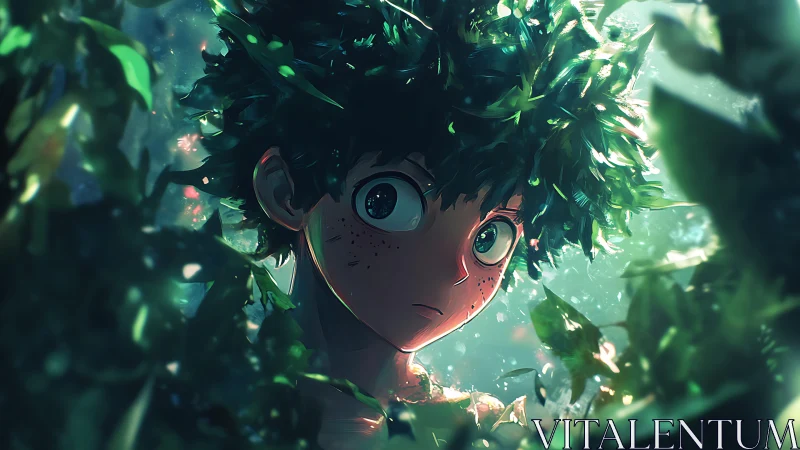 Forest-lit anime boy with luminous green hair and leaves.
