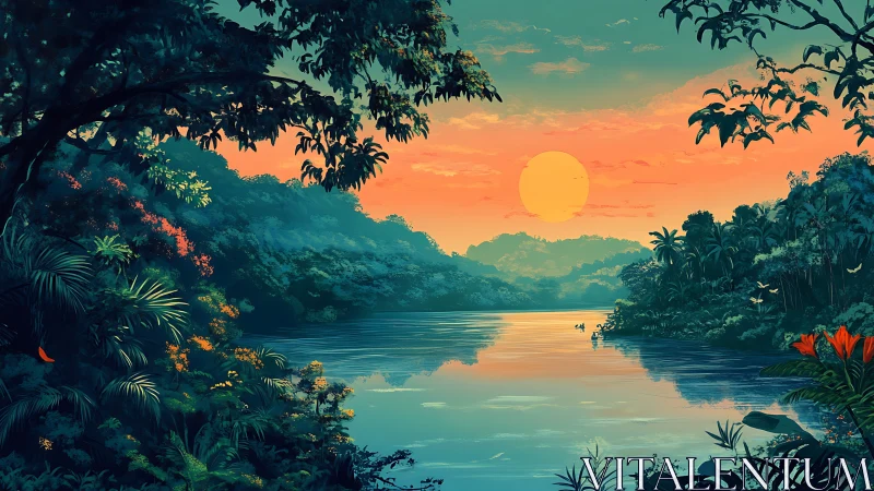 Tropical river valley sunset with dense rainforest silhouettes