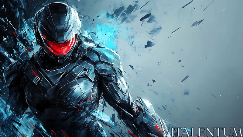 Cyberpunk exosuit warrior in shattered neon vector field.