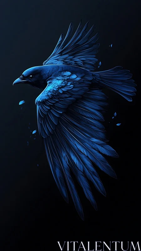 Digital painting of a luminous blue raven in mid-flight profile.