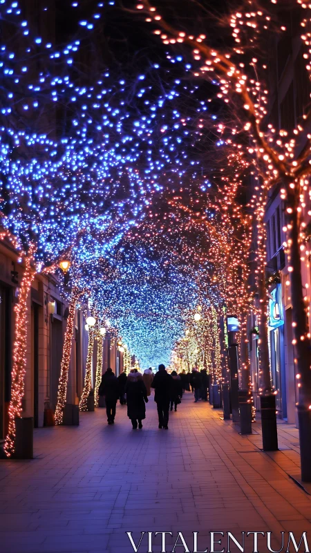 Pedestrian arcade under bokeh-rich blue and amber festive lights