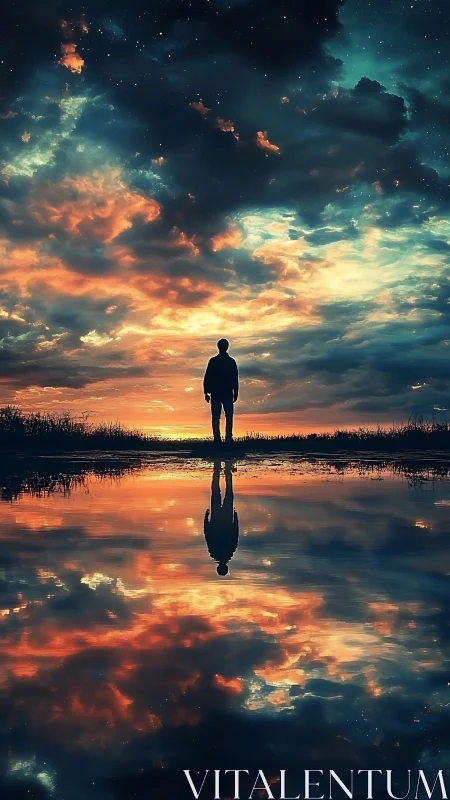 Silhouetted figure under vivid sky with reflective water.