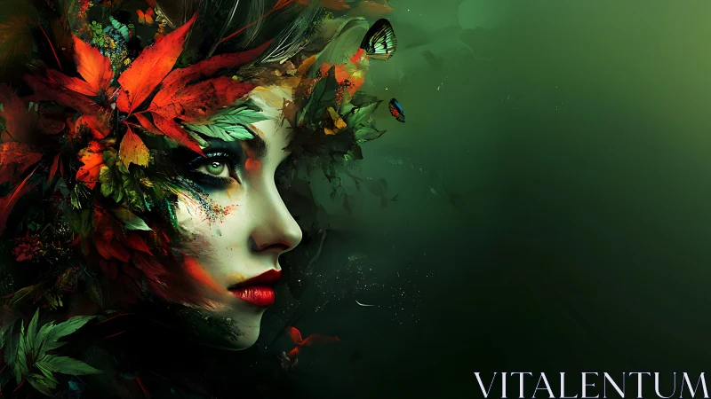 Surreal forest woman portrait with leaves and butterflies