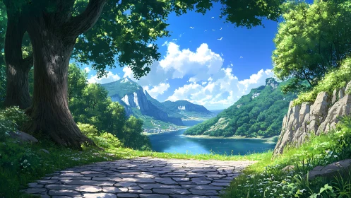 Sunlit stone path overlooks verdant lake and distant mountains