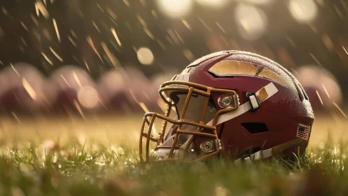 Football helmet on wet field under falling rain at dusk.