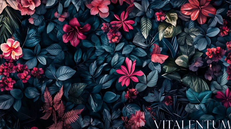 Dark Floral Arrangement with Pink Blooms and Teal Foliage.