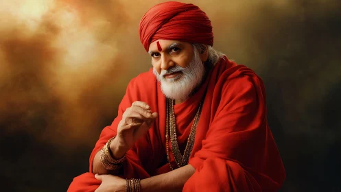 Crimson-robed sage in golden haze, eyes alight with quiet wisdom.