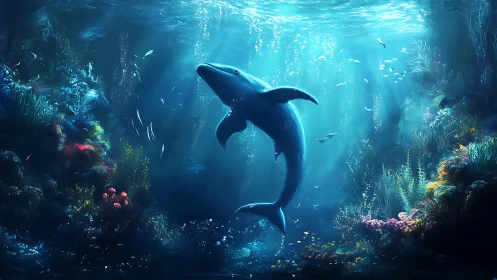 Digital whale rendered in illuminated underwater reef environment