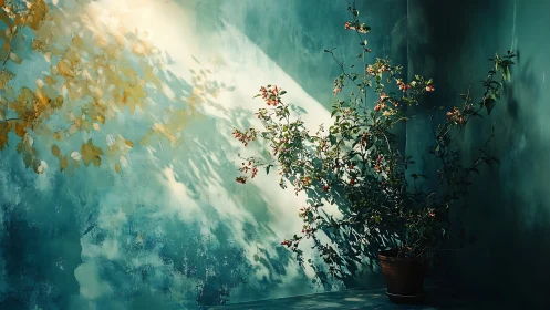 Potted flowering branch casting shadows on teal wall.